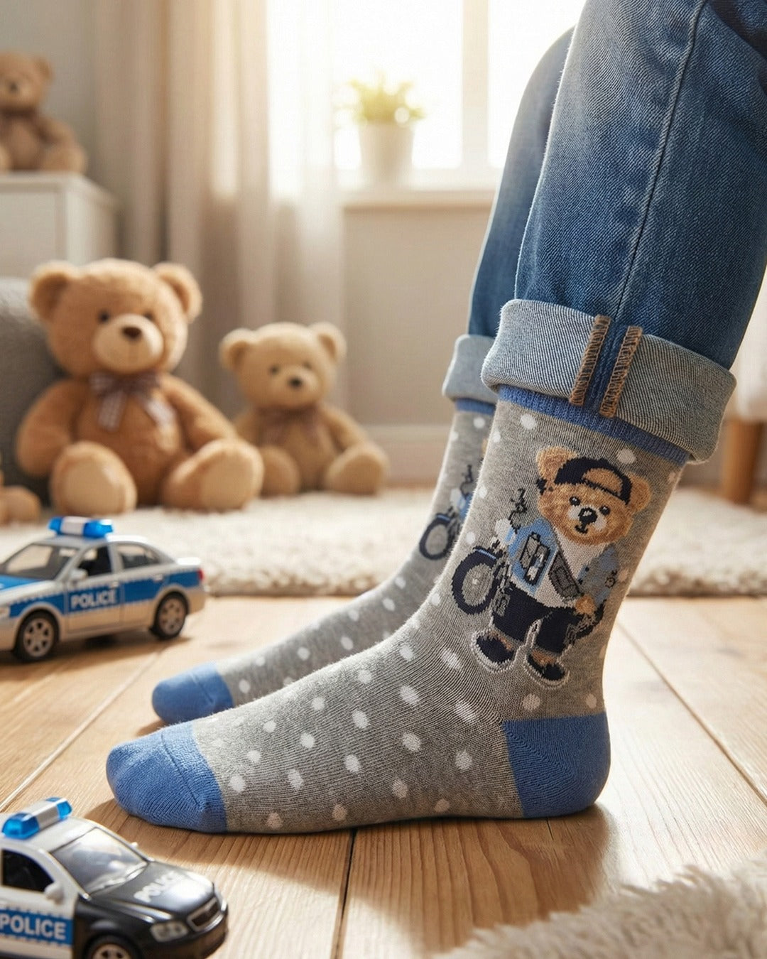 Teddy Bear Blue Socks Soft Cute Animal Line